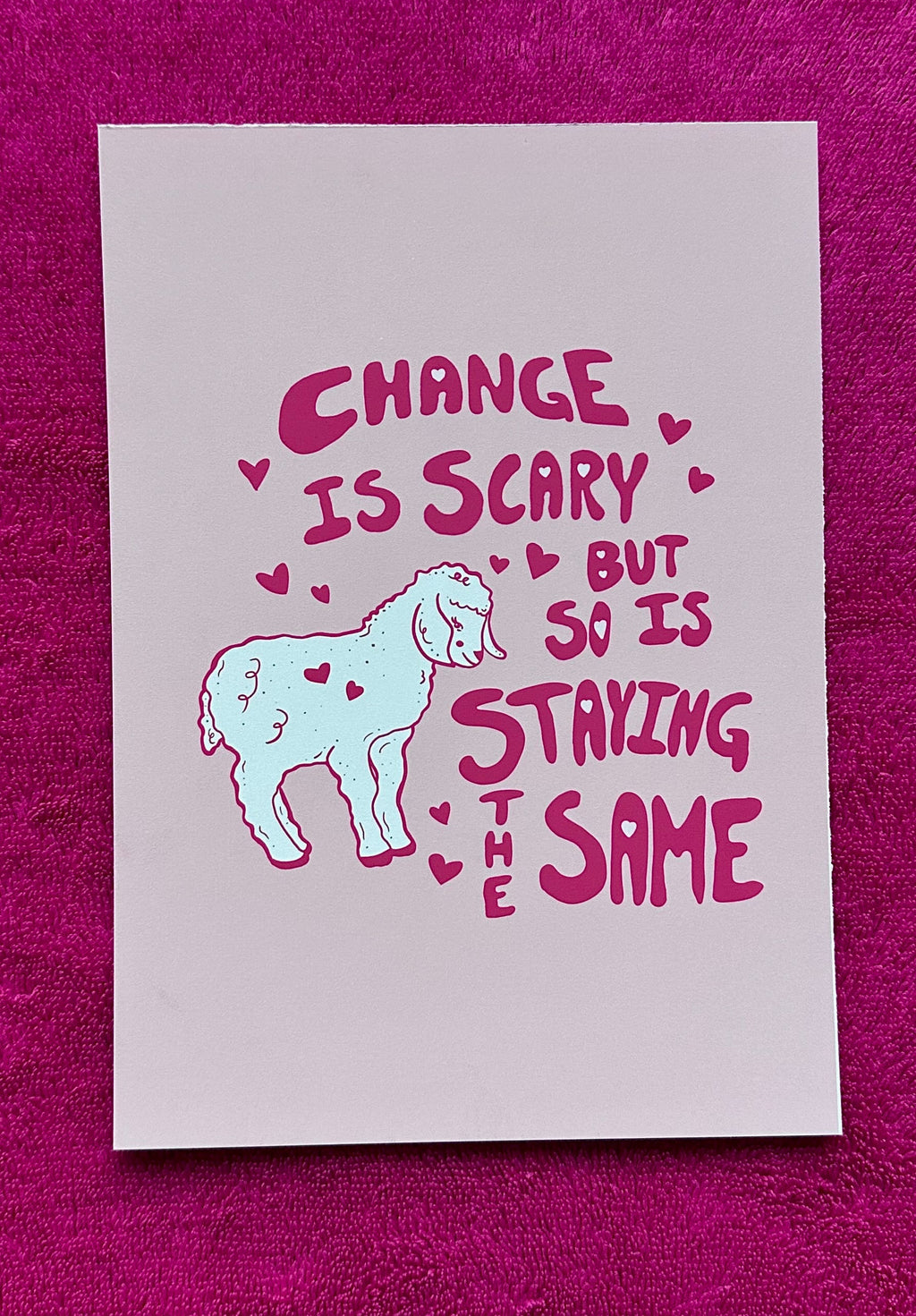 Motivational poster with text and a sheep illustration on a purple background